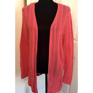 Talbots petite sz Large cardigan sweater Pink Melon Open Front Long Beachy